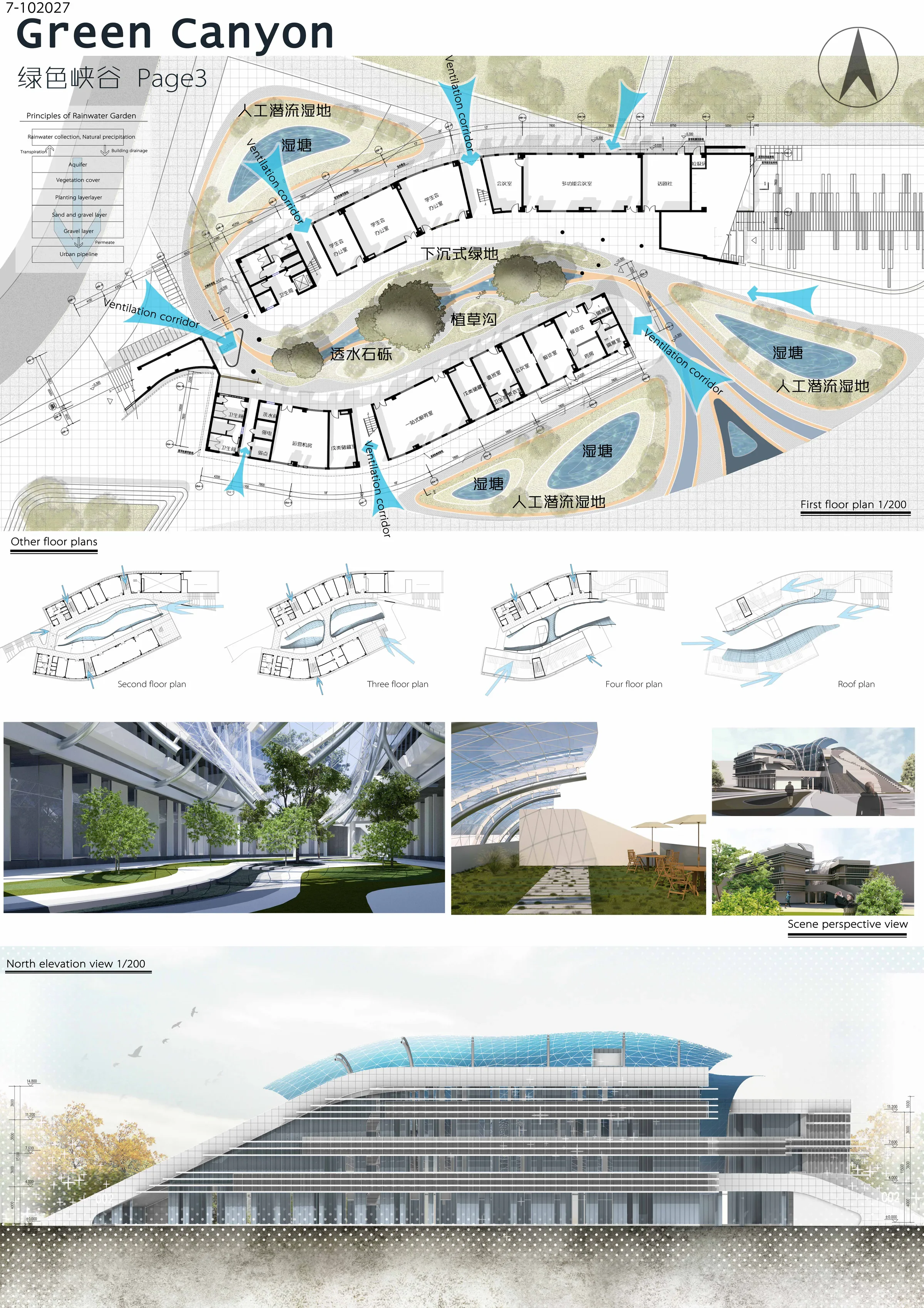 绿色峡谷场地、平面与空间策略展板