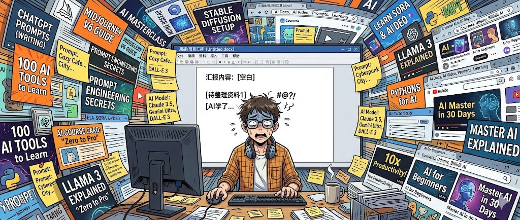 卡通风格的电脑用户被大量 AI 工具教程窗口、提示词卡片和模型名称包围，屏幕上显示待整理的空白汇报