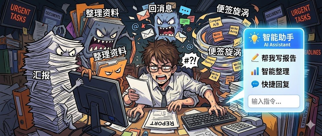 卡通风格的职场人物在堆满资料、回信和便签的桌前忙乱，右侧 AI 助手面板列出写报告、智能整理和快捷回复