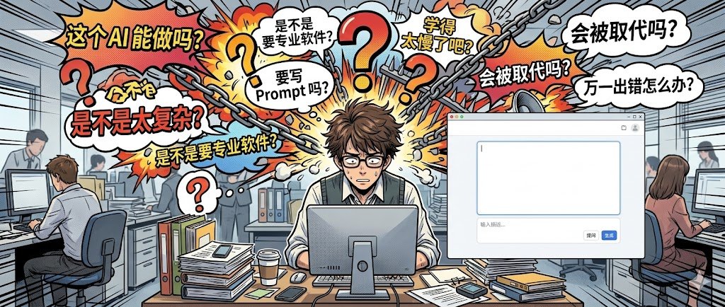卡通职场人物面对空白对话框，头顶被“AI 能做吗”等问题和锁链包围，背景同事也在电脑前工作