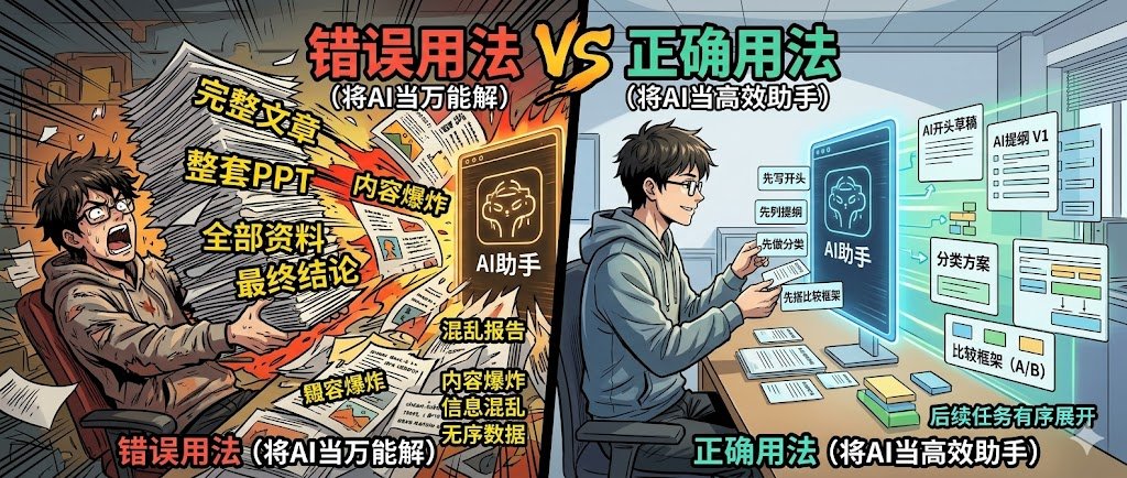 左右对比图展示把 AI 当万能解和高效助手：左侧人物被文章、PPT 和资料淹没，右侧人物通过 AI 面板得到开头、提纲、分类和比较框架