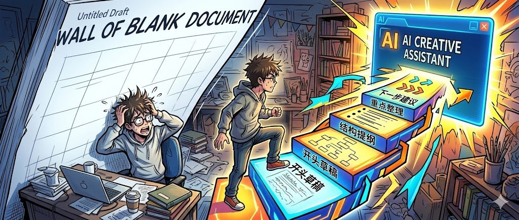 左右对比的卡通插画：左侧人物面对空白文档苦恼，右侧人物沿着 AI 生成的分层台阶走向结构提纲和开头草稿