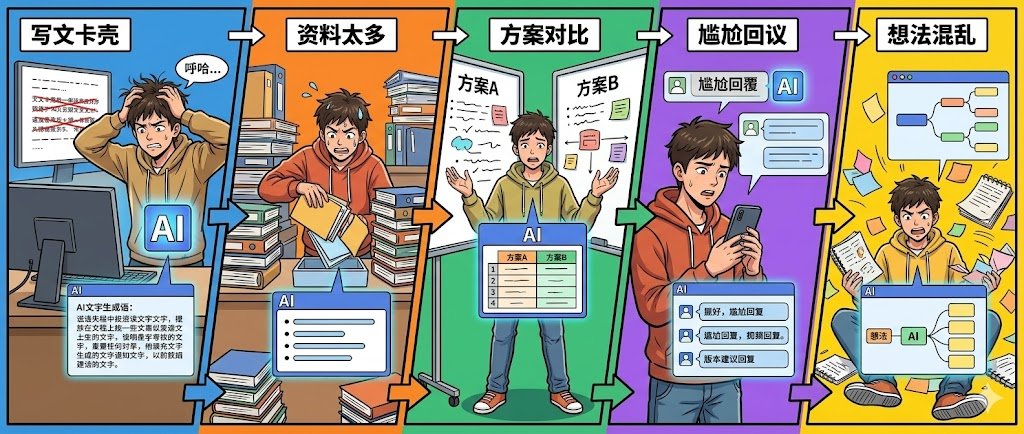 五格彩色卡通流程图展示 AI 介入日常小事：写文卡壳、资料过多、方案对比、尴尬回信和混乱想法，均由 AI 面板帮助整理
