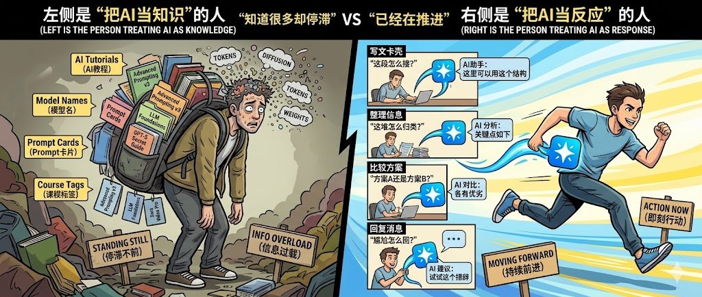 中英双语对比插画：左侧把 AI 当知识的人背着模型名和提示词卡片在信息过载中停滞，右侧把 AI 当反应的人沿着写文、整理、比较和回信提示向前奔跑