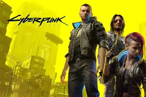 《Cyberpunk 2077》黄色宣传图,三名角色站在霓虹城市剪影前,左上角有游戏标题标志