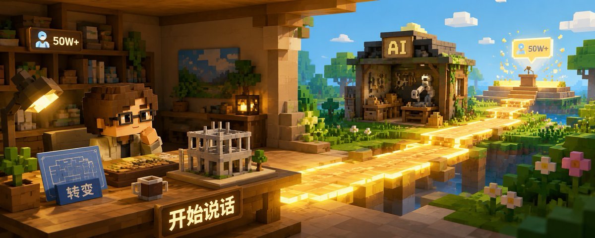 像素风工作室里的人物坐在桌前，旁边有建筑模型和写着 AI 的小屋，一条发光道路通向写有“开始说话”的牌子