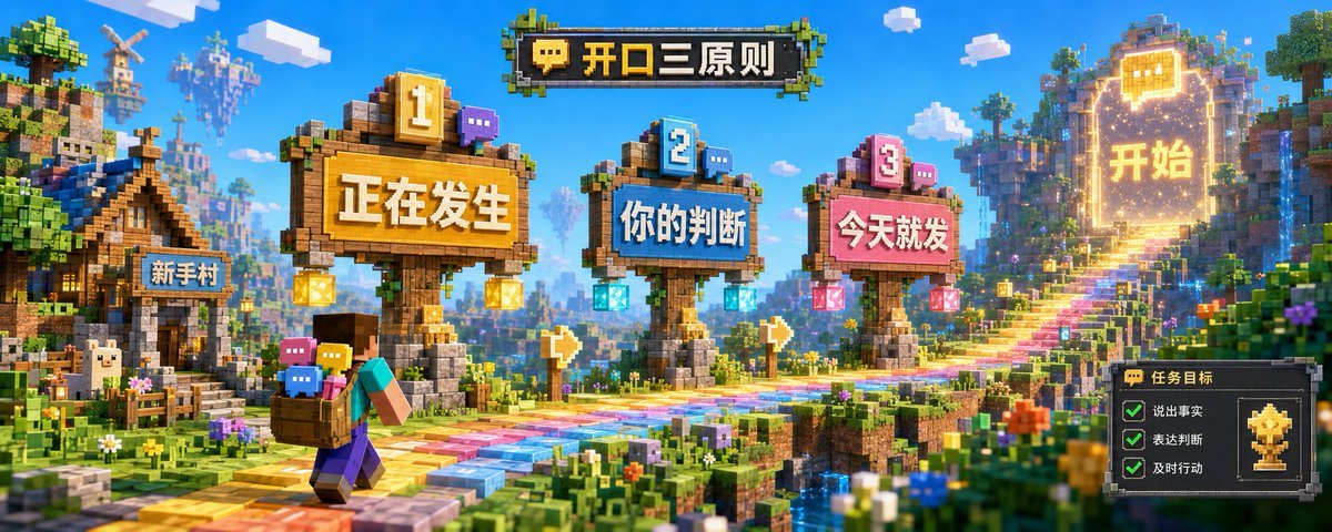 明亮的像素风道路通向“开始”入口，沿途三块编号牌写着“正在发生”“你的判断”“今天就发”，右侧是说出事实、表达判断和及时行动的任务清单