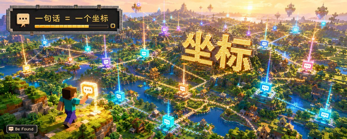 俯瞰像素风大陆，彩色对话气泡节点通过发光连线连接各地，中央地面用巨型发光汉字组成坐标意象