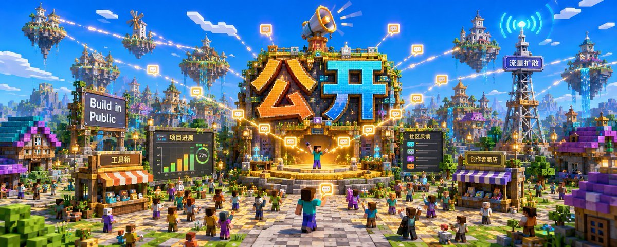 像素风城市广场中央立着巨大的“公开”字样，周围有 Build in Public、项目进展图表、社区反馈和创作者商店