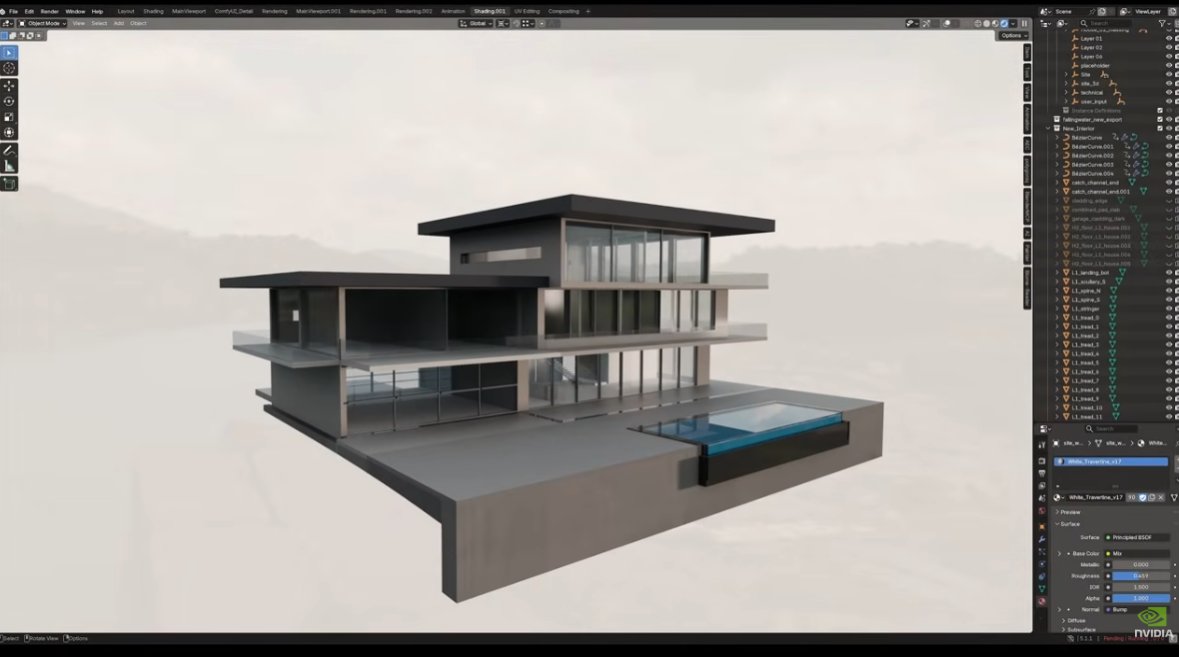 昏暗工作室里的建筑师坐在模型旁，周围悬浮 Rhino、Blender、CAD、Grasshopper 和 AI Agent 任务面板，显示建模、渲染和分析进度