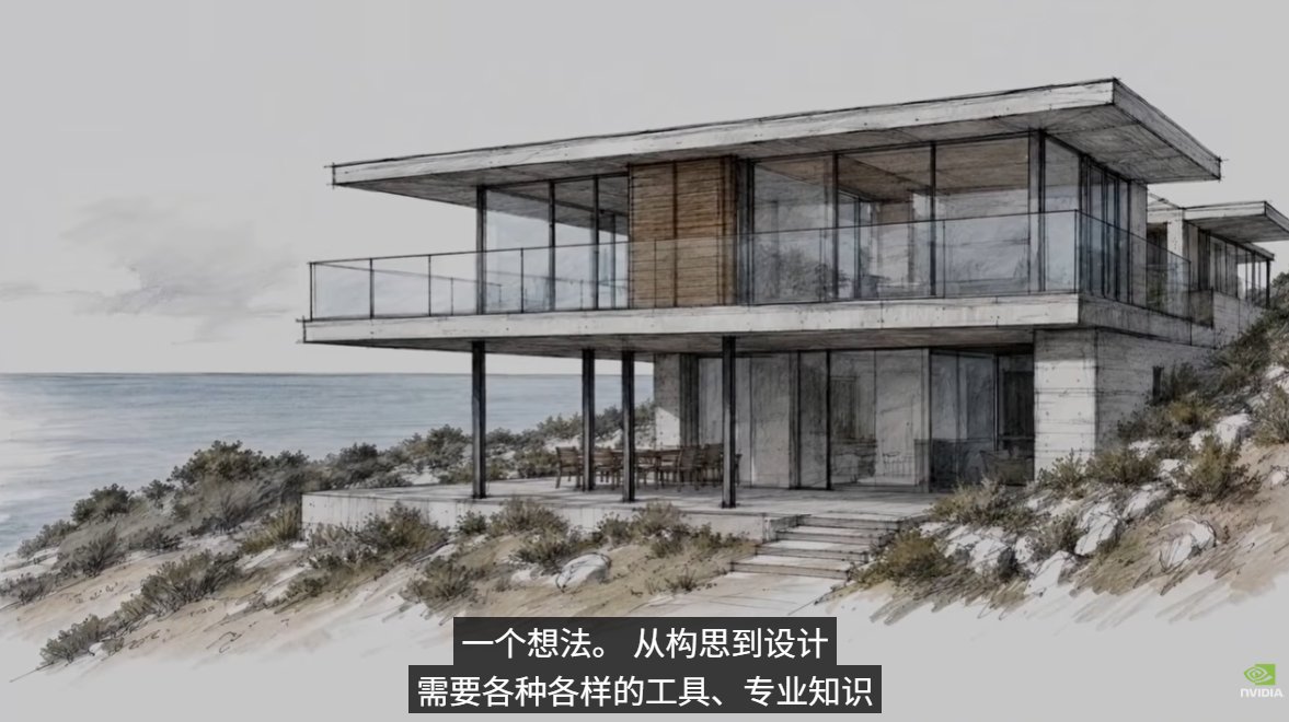 铅笔素描风格的临海玻璃住宅，字幕写着从构思到设计需要各种工具和专业知识