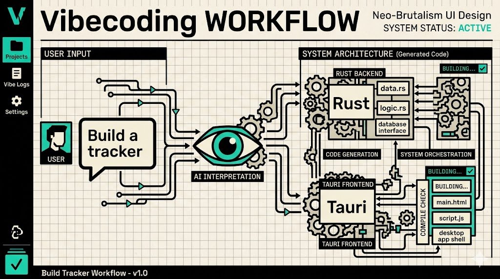 Vibecoding 工作流信息图，用户输入经过 AI 解读后生成 Rust 后端、Tauri 前端和桌面应用文件，并标出代码生成与编译检查