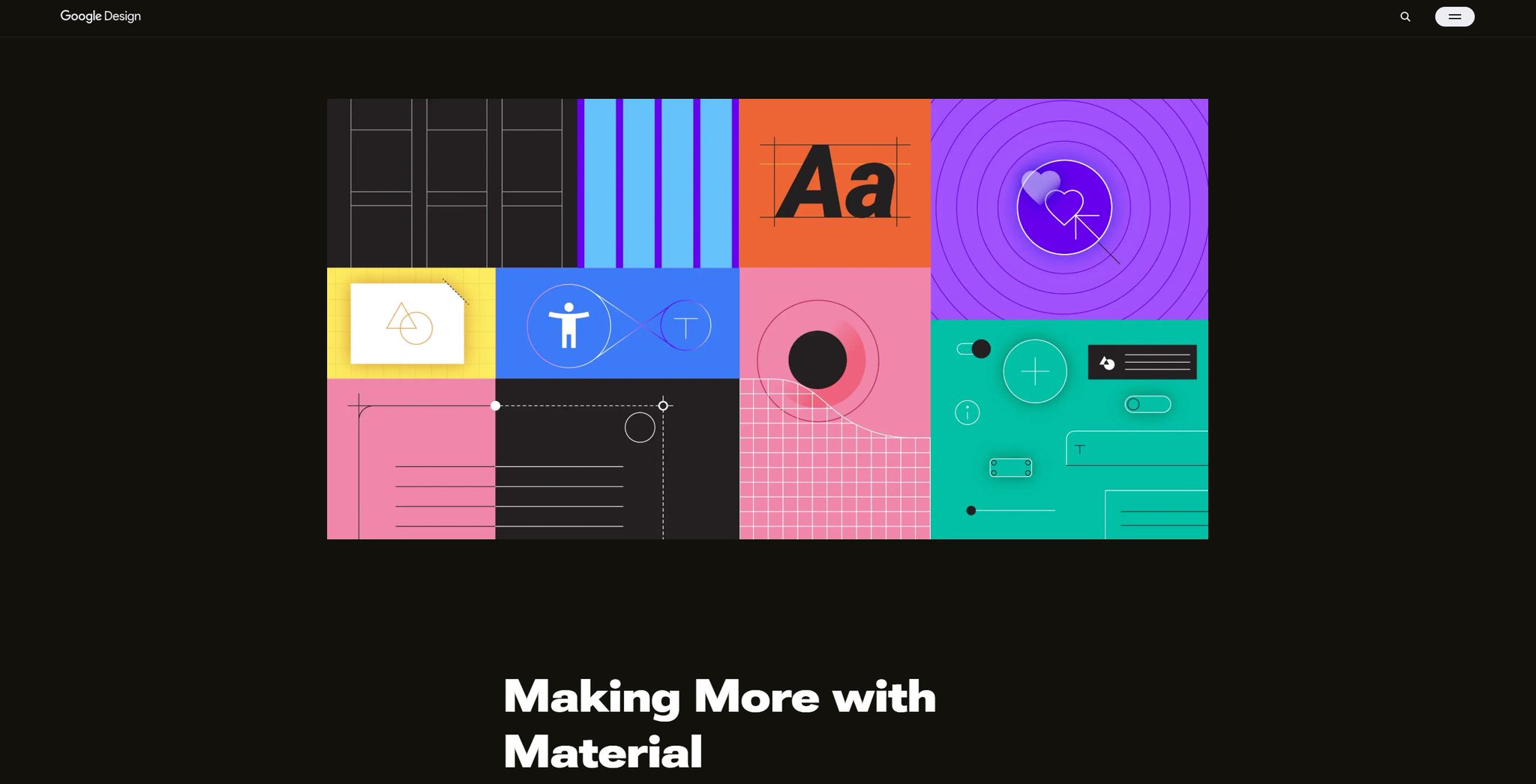 Google Design 官网的 Material 页面,中央展示由蓝、橙、紫、粉和青绿色几何色块组成的版式样例