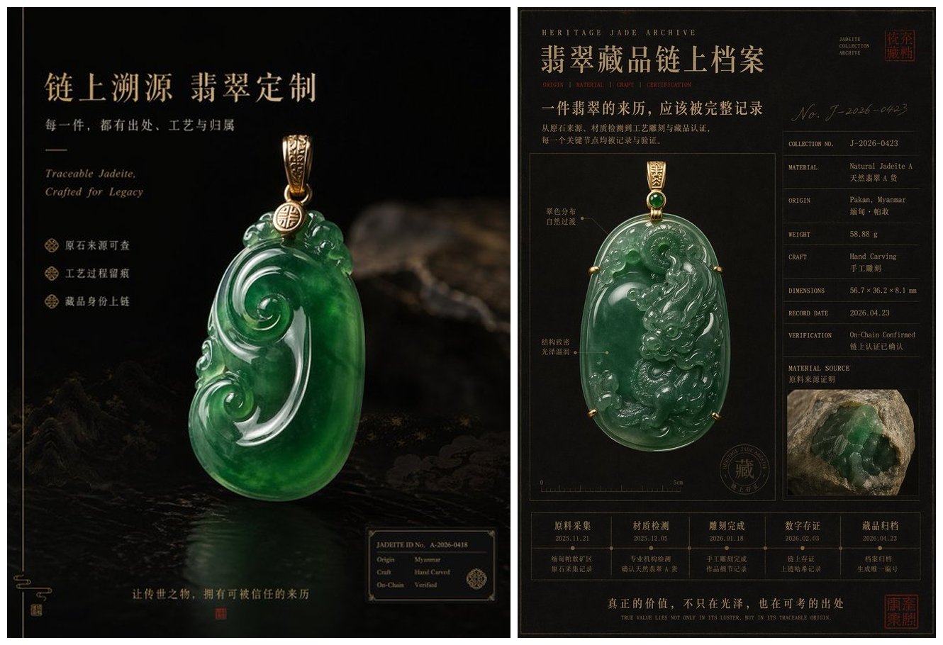 深色翡翠产品档案海报,中央是一枚绿色雕花吊坠,旁边列出产地、材质、重量、尺寸和上链验证信息