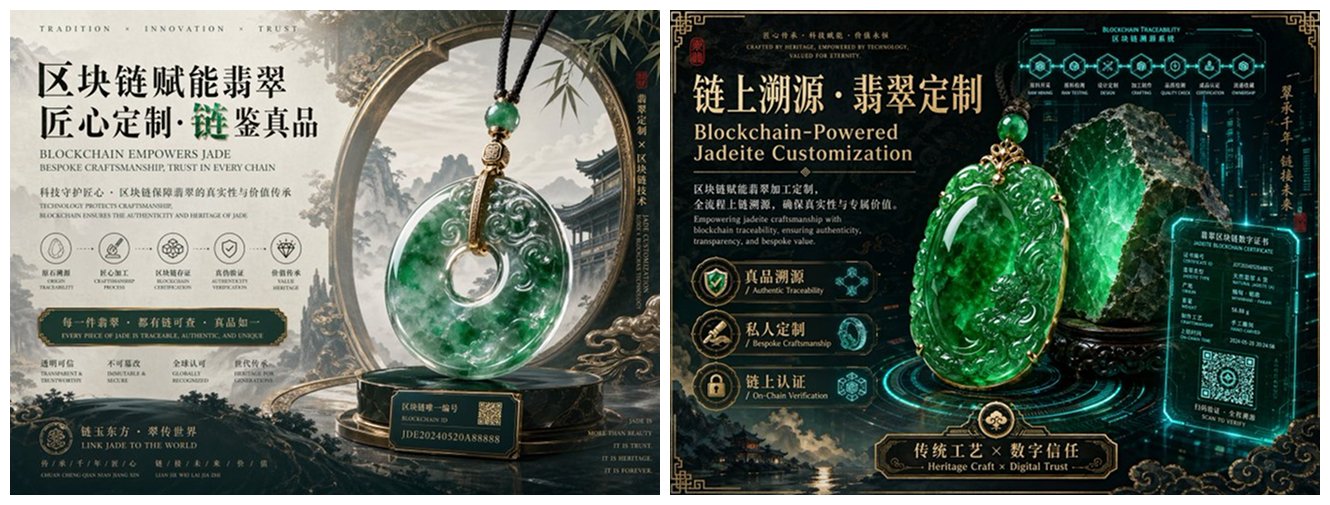 翡翠吊坠宣传图的复杂版本,玉佩、区块链溯源徽章、双语说明、二维码和山水装饰挤满画面