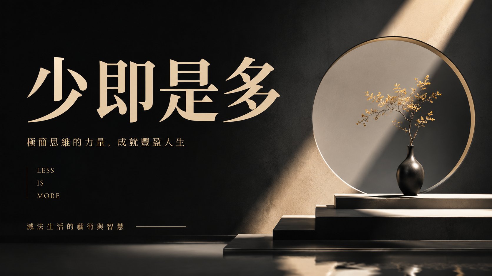 黑色与金色的极简主义海报,中文“少即是多”旁边是一株置于圆形框中的金色枝条和阶梯台座