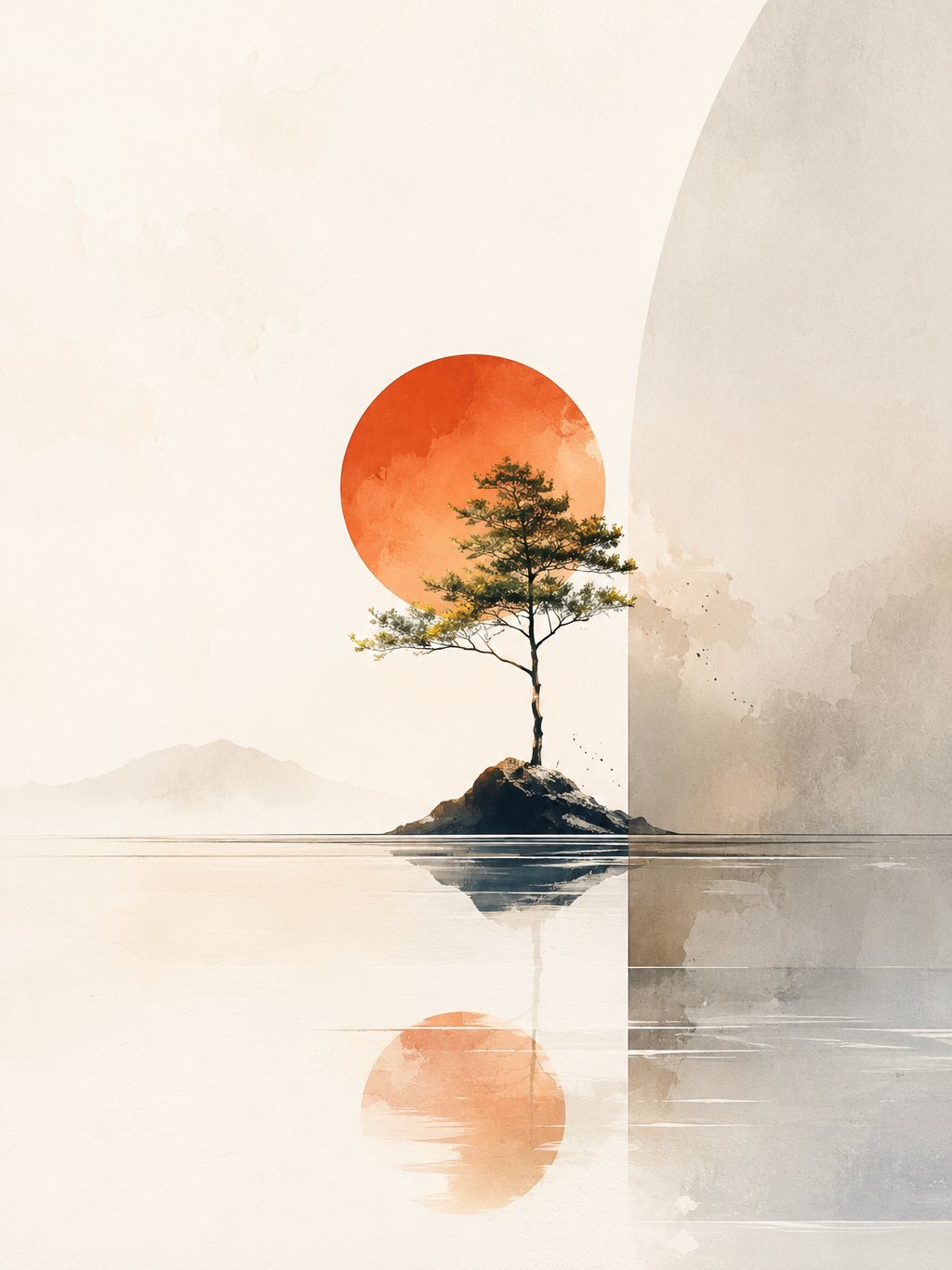 极简概念插图,米白水彩背景中一棵孤立的小树站在水面与岩石上,背后是橙色圆日和淡山影