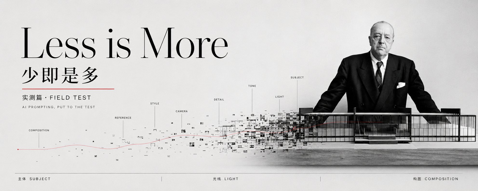 横版 Less is More 实测封面,右侧是站在建筑模型后的西装老人,左侧有中英文标题和由提示词标签解构成的模型线稿