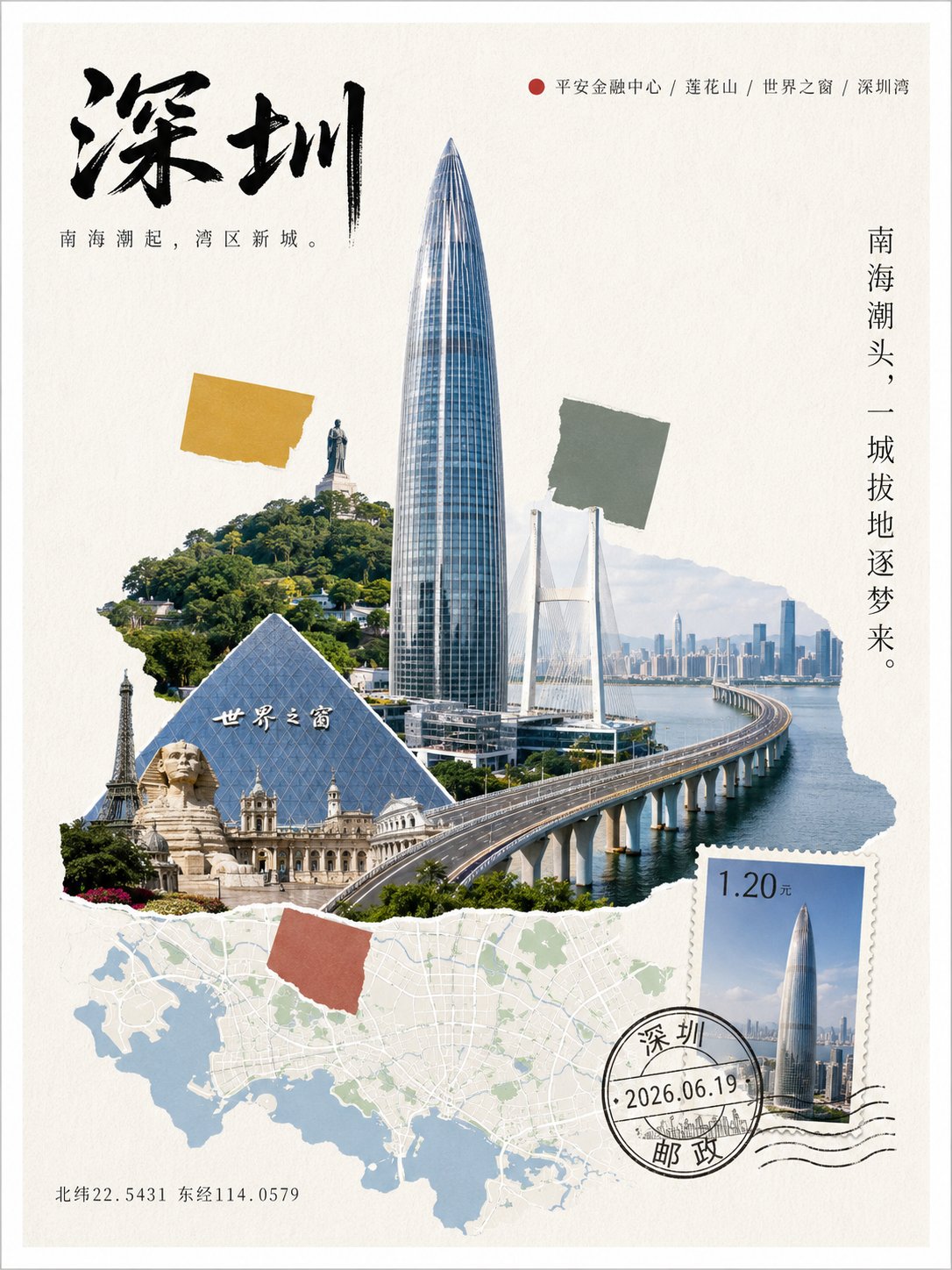深圳城市明信片拼贴,包含平安金融中心、深圳湾大桥、城市地图和多座地标建筑,右侧竖排写着“南海潮头,一城拔地逐梦来”
