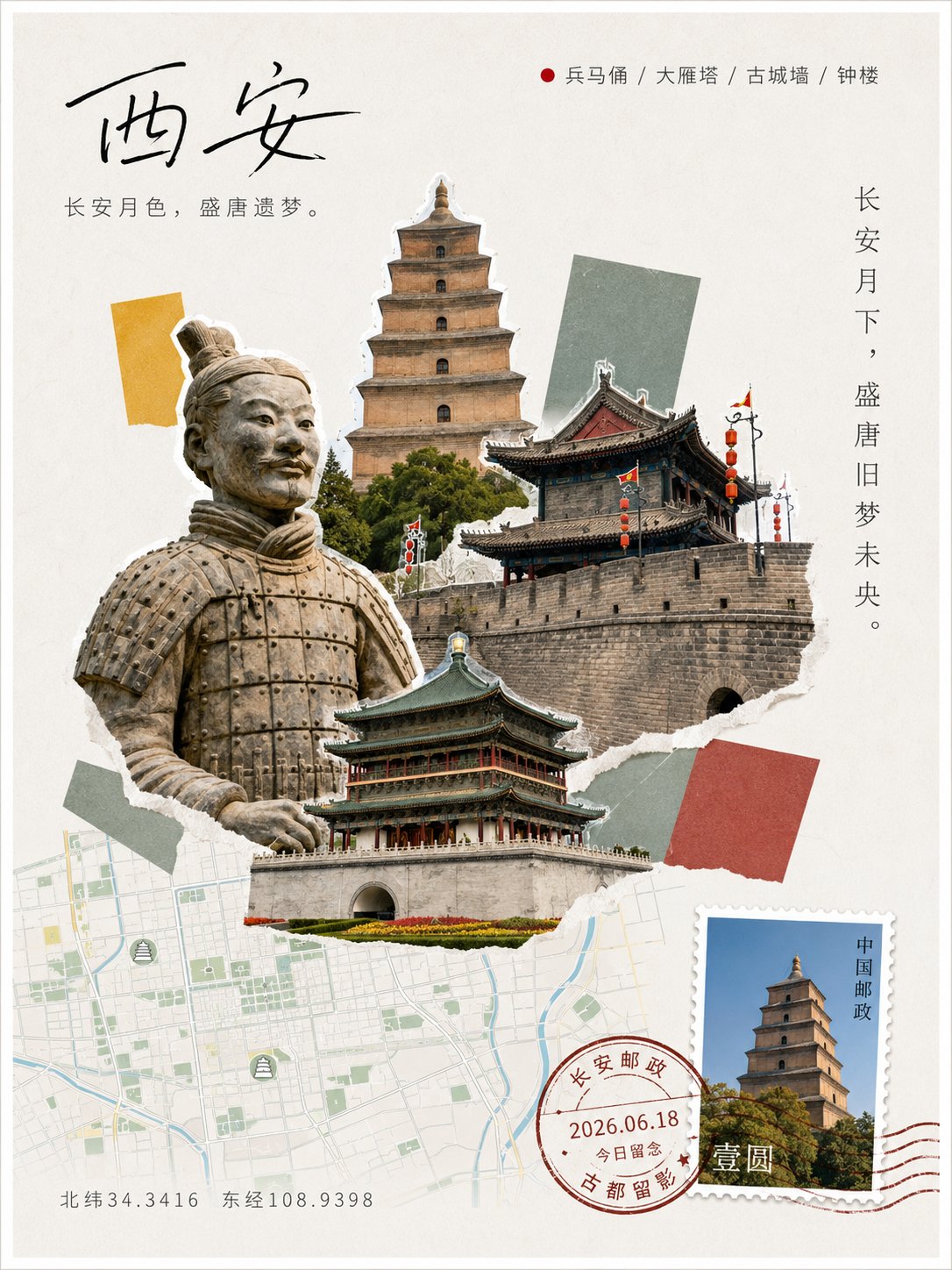 西安城市明信片拼贴,组合兵马俑、大雁塔、古城墙与钟楼、城市地图和邮票