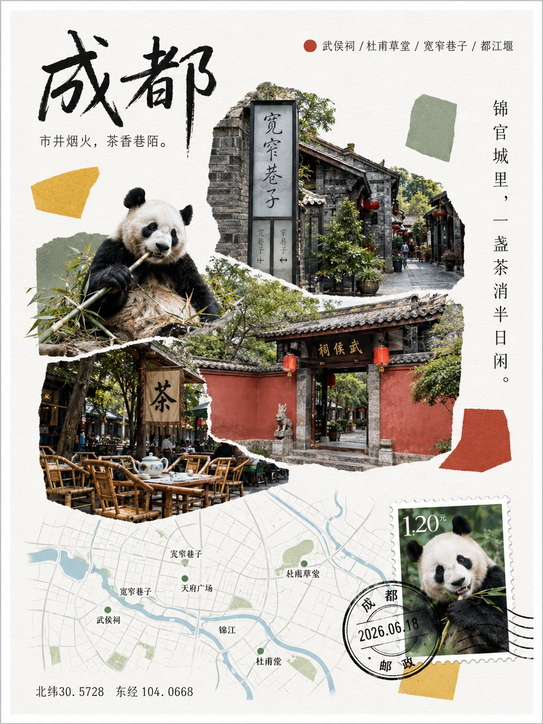 成都城市明信片拼贴,组合熊猫、宽窄巷子、武侯祠、茶馆桌椅、城市地图和邮票