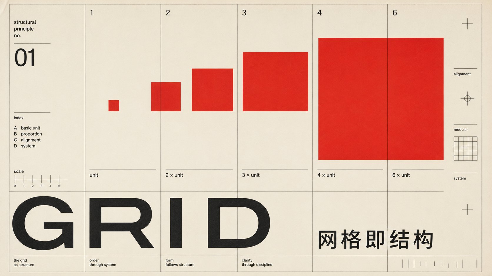 “Grid”构图研究海报,红色方块按单位倍数递增,底部以超大 GRID 和网格原则文字收束