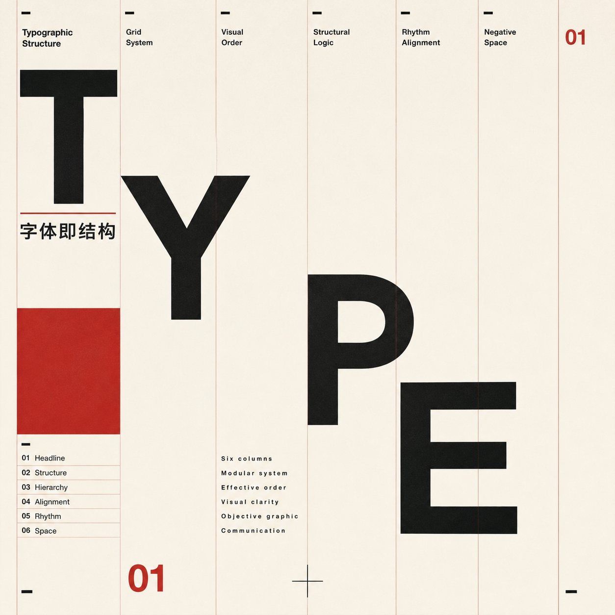 “Type”字体结构海报,黑色无衬线字母分布在六栏网格中,左侧红色块和下方字距、层级清单构成版式
