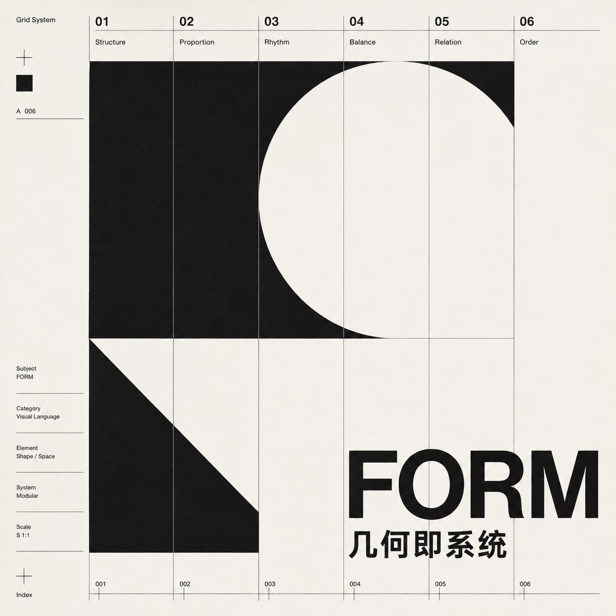 “Form”几何图形研究海报,黑色圆形、三角形和矩形在网格中组合,配“几何即系统”标题