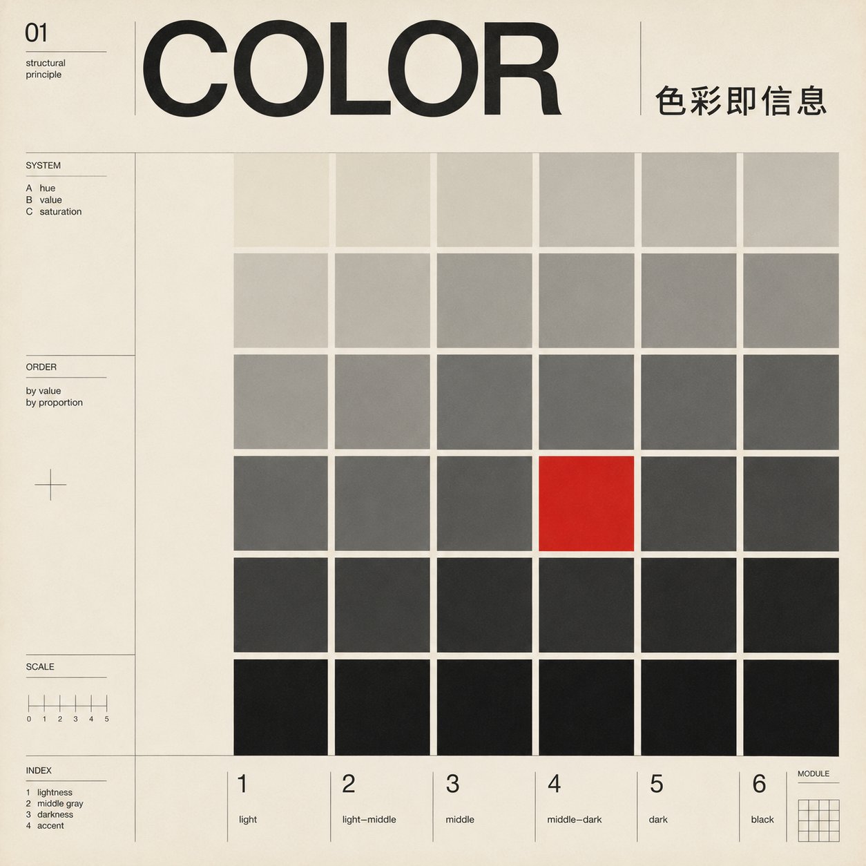 COLOR 案例海报,以六列灰度方格按明度递进,单个红色方块作为强调色,展示比例与层级
