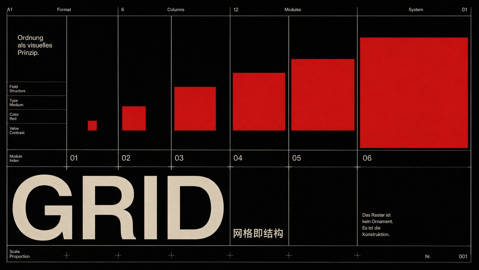 GRID 案例海报,黑底米白字配六栏网格和红色方块递增序列,强调网格是结构而非装饰