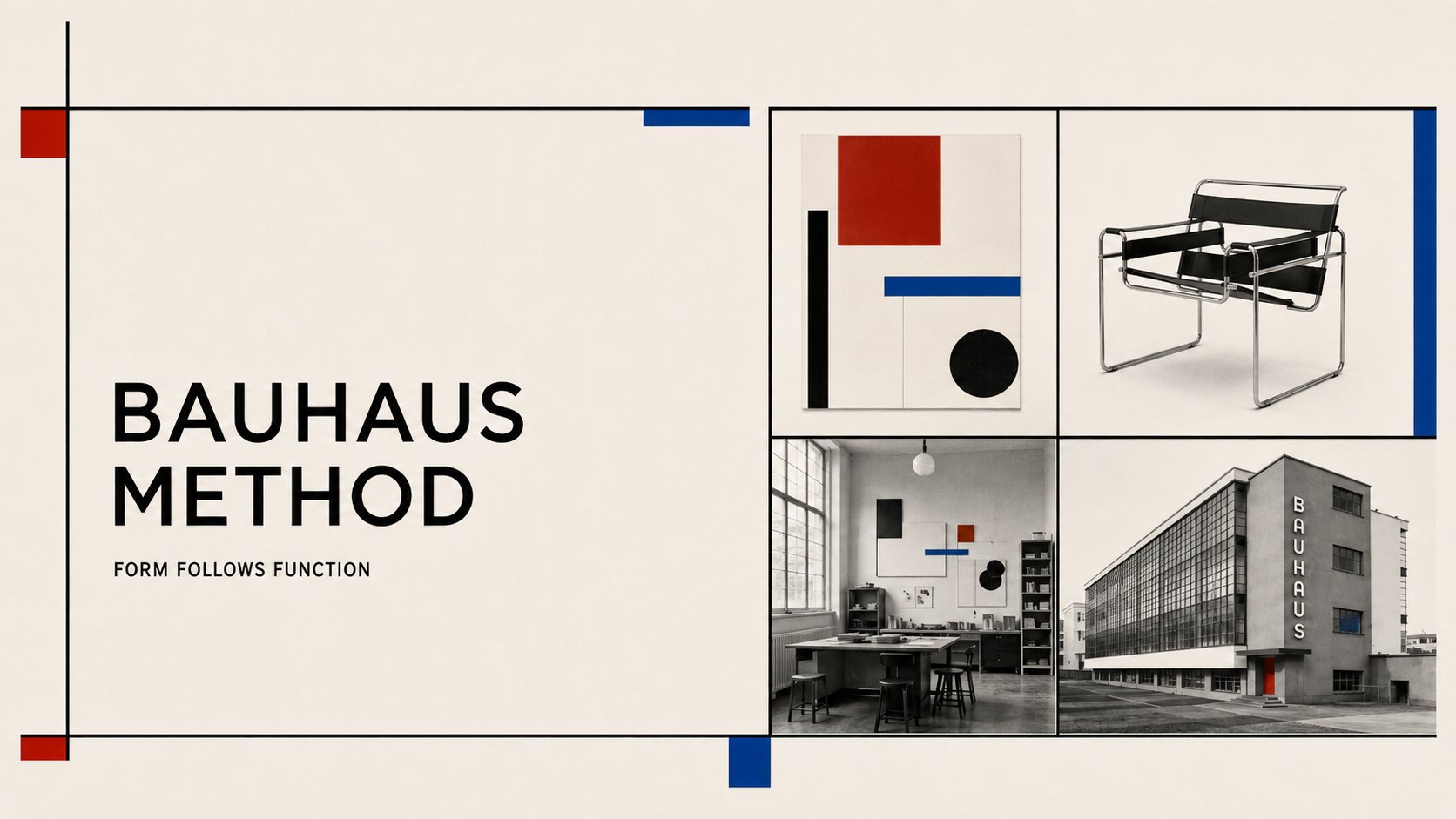 Bauhaus Method 视觉方法拼贴,组合 Bauhaus 标题、色块构成、钢管椅、工作室和校舍照片