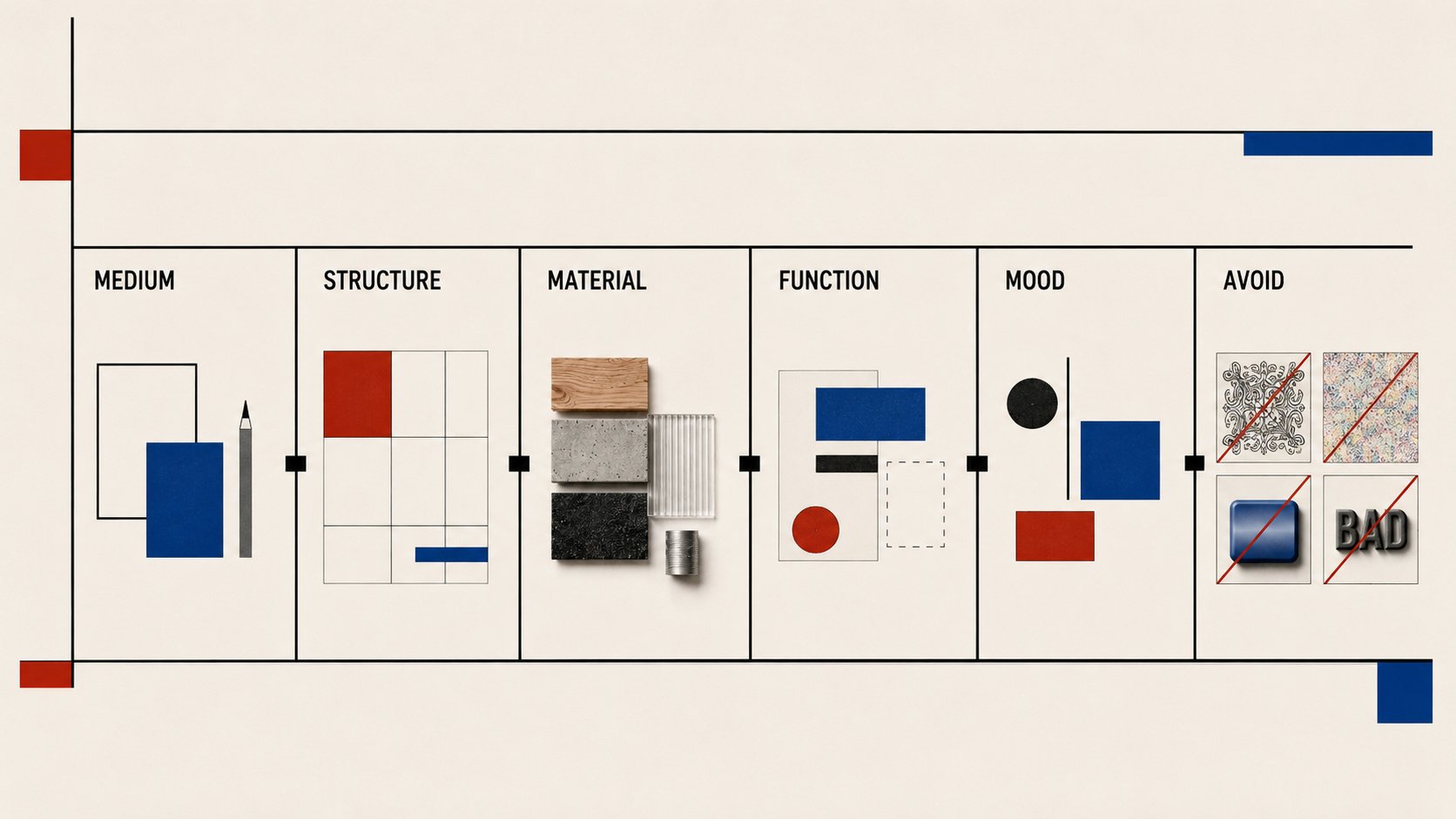 Bauhaus 设计方向检查板,按 medium、structure、material、function、mood、avoid 六栏整理示例与禁用效果