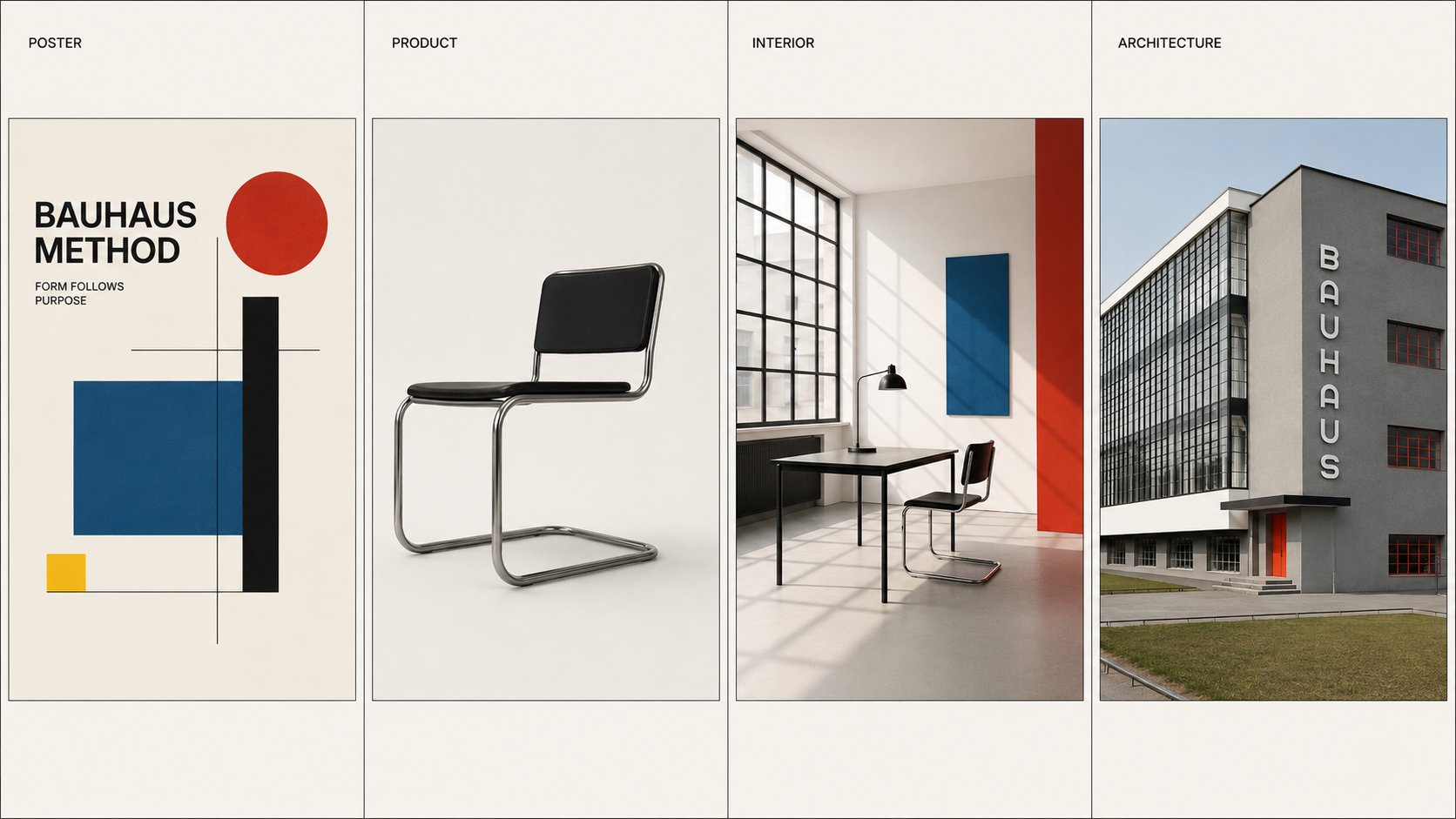 Bauhaus 风格应用选择板,以 POSTER、PRODUCT、INTERIOR、ARCHITECTURE 四栏并列展示海报、椅子、室内和建筑案例