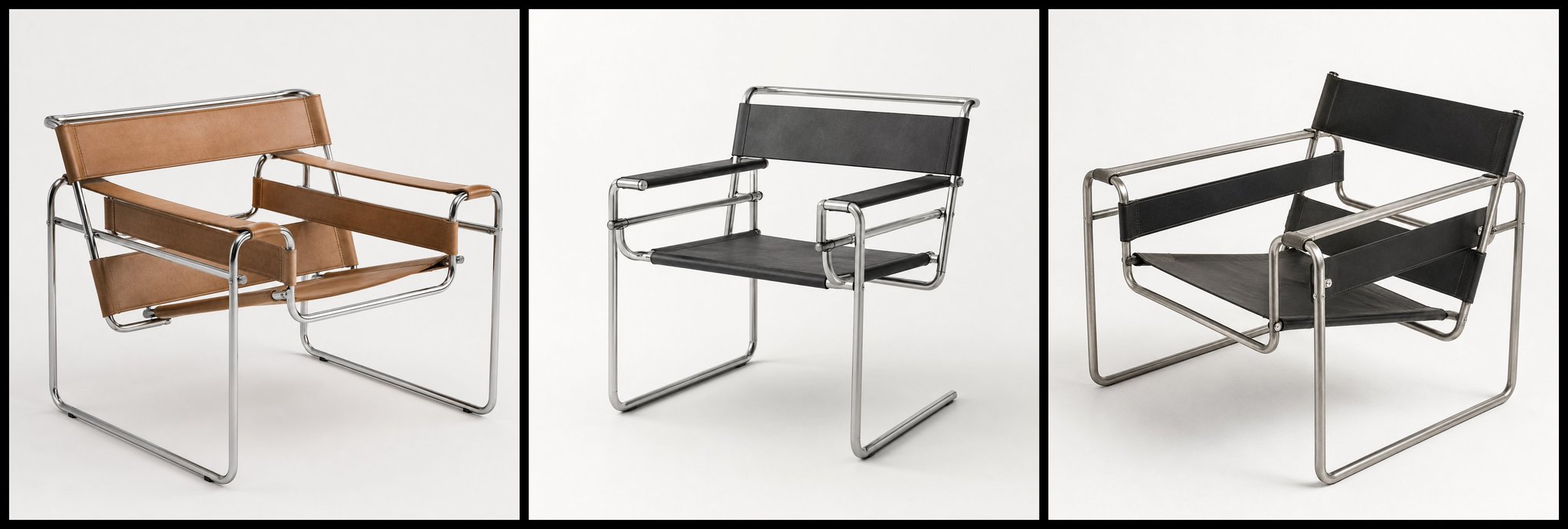 Bauhaus 产品案例,三视图展示镀铬弯管框架与黑色皮革座面的悬臂椅