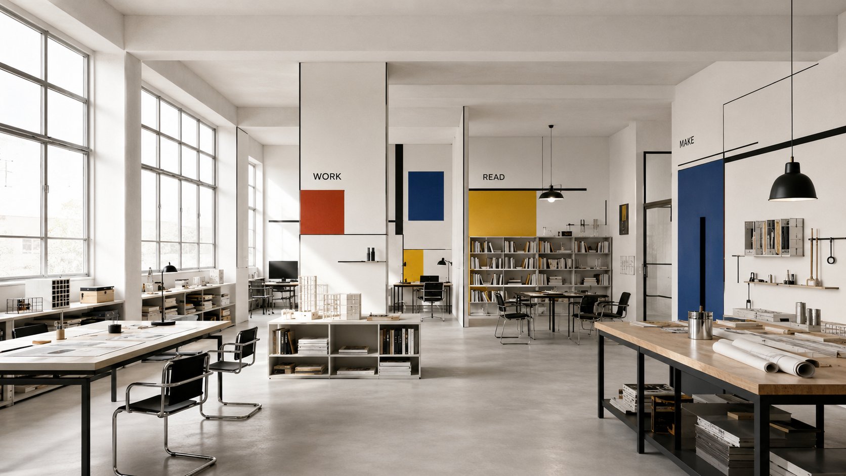 Bauhaus 室内案例,明亮的设计工作室内有大窗、制图桌、书架、吊灯和蓝红黄墙面色块