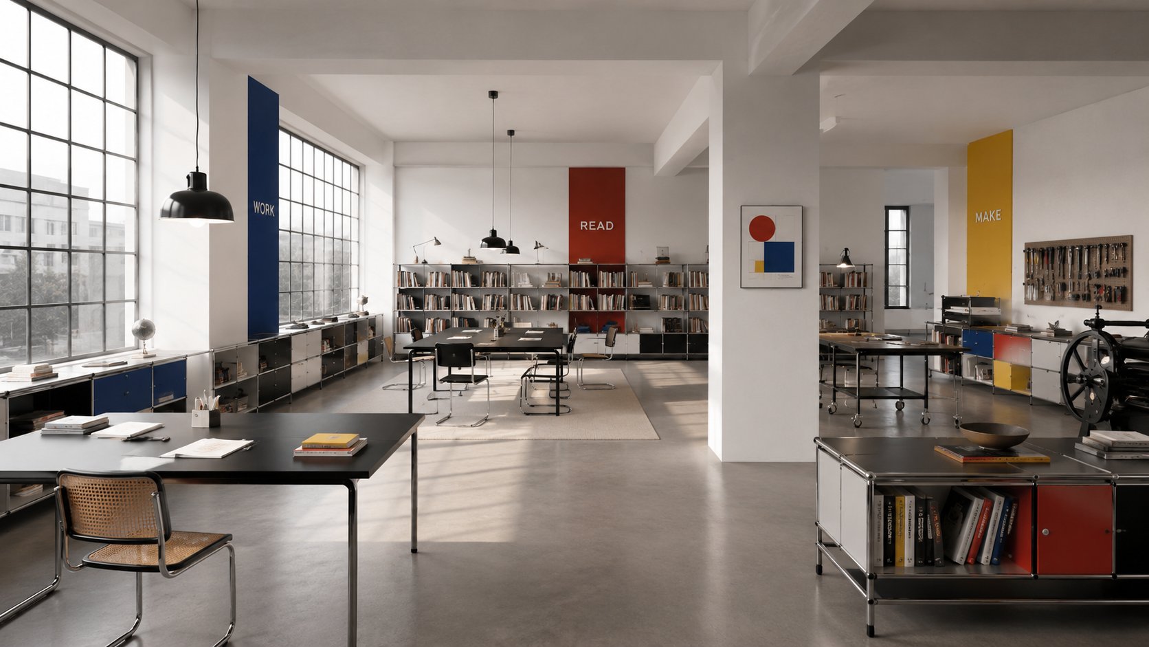 Bauhaus 工作室案例,WORK、READ、MAKE 三个区域以蓝红黄竖向色板区分,配书架、工作台和印刷设备