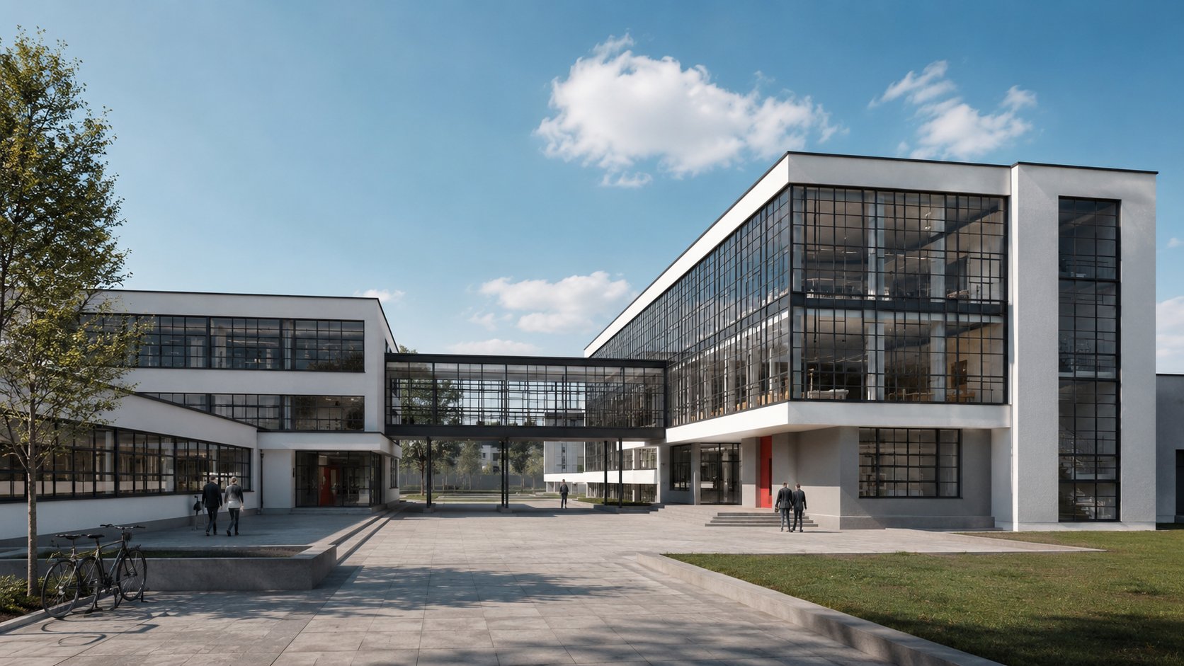 Bauhaus 建筑案例,白色立方体校舍围合庭院,连续钢窗立面由玻璃连廊连接