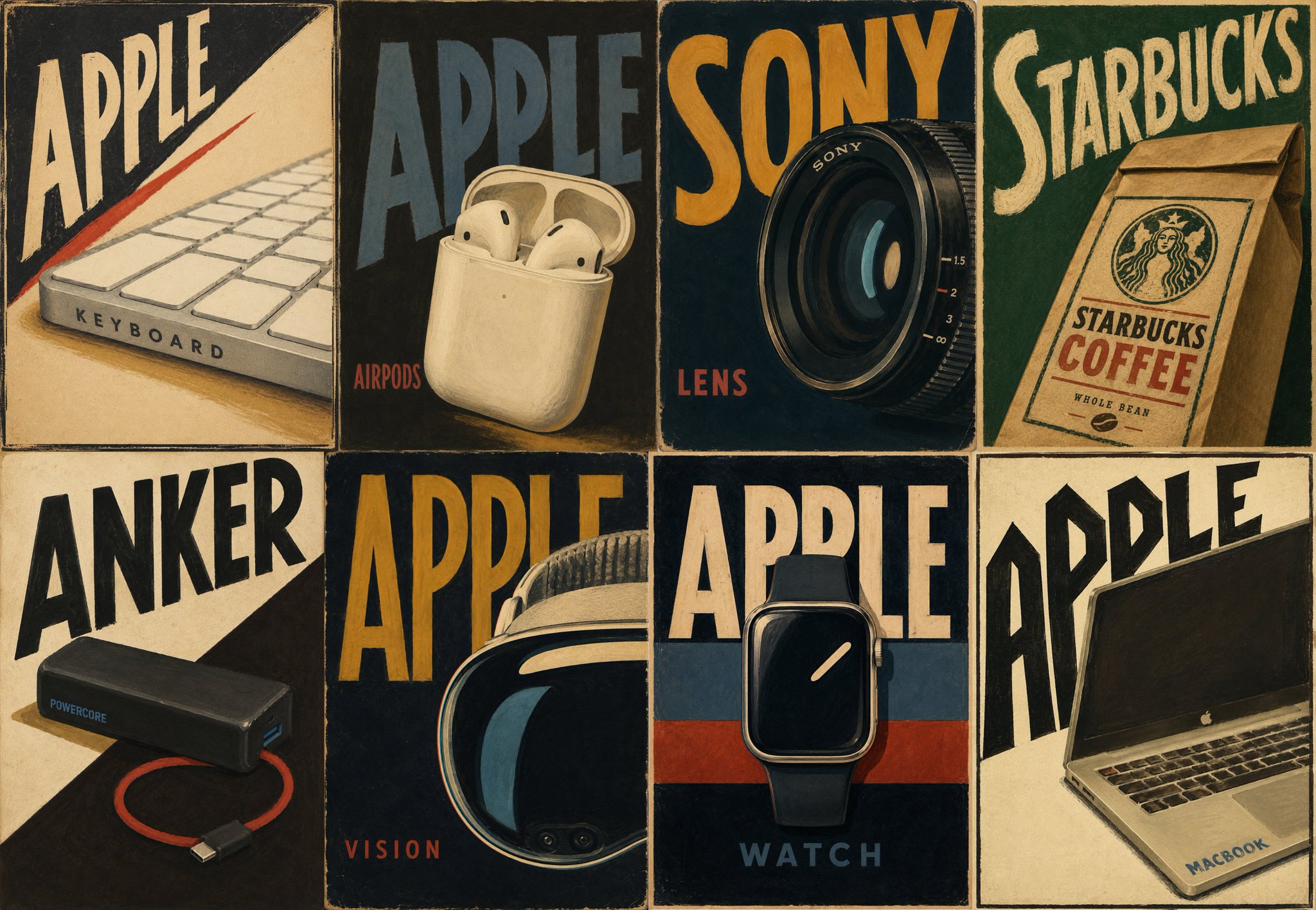 复古产品宣传图拼贴,分格展示 Apple 键盘、AirPods、Sony 镜头、Starbucks 咖啡袋、移动电源、手表和 MacBook