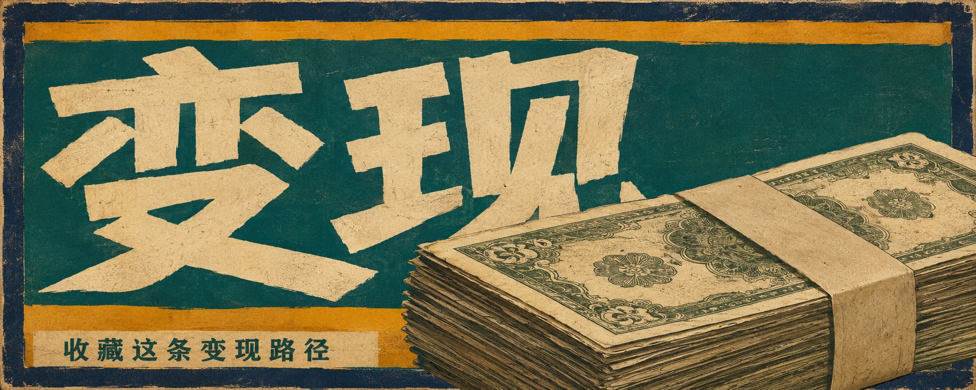 AI 副业变现海报,绿色背景与金色横条上写着“变现”,右侧是一叠侧面捆扎的旧纸币