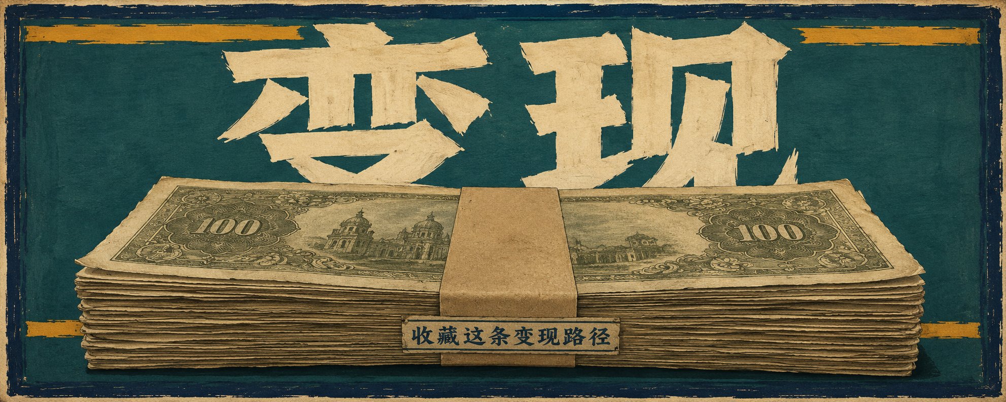 AI 副业变现海报,绿色背景与金色横条上写着“变现”,下方正面展示一叠捆扎的旧纸币