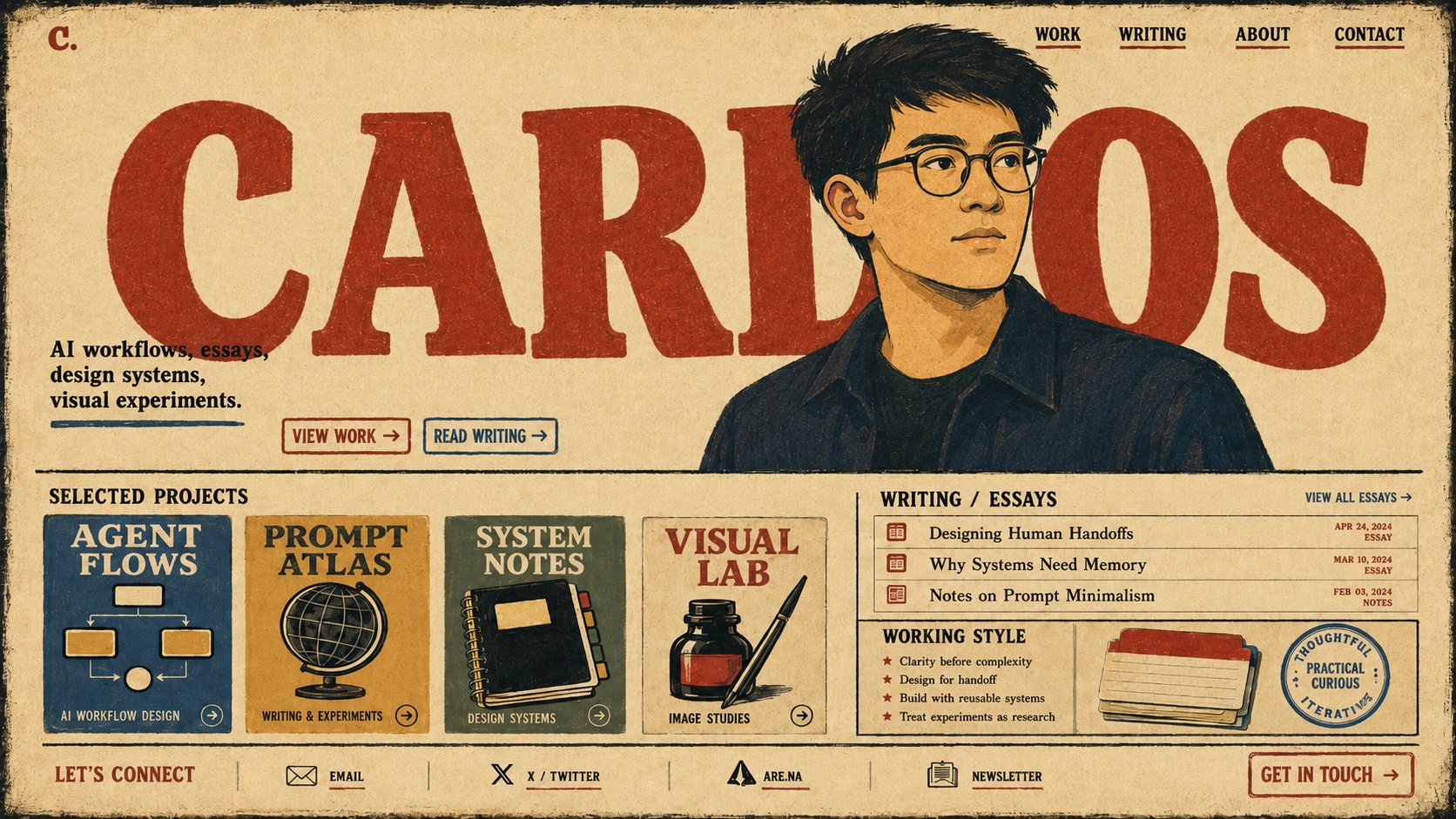 Plakatstil 风格个人网站首页概念图,以 CARLOS 大标题和人物插画为主视觉,下方排列项目卡片、文章列表和联系入口