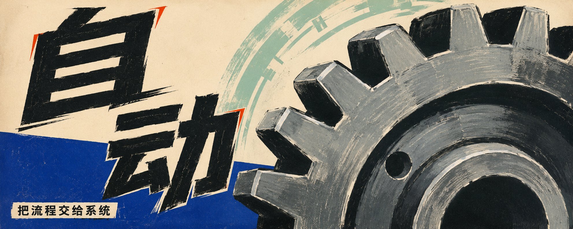 AI Agent 自动化海报,黑色手写字和箭头叠在巨大的灰色齿轮上,蓝色与红色块强化“把流程交给系统”主题