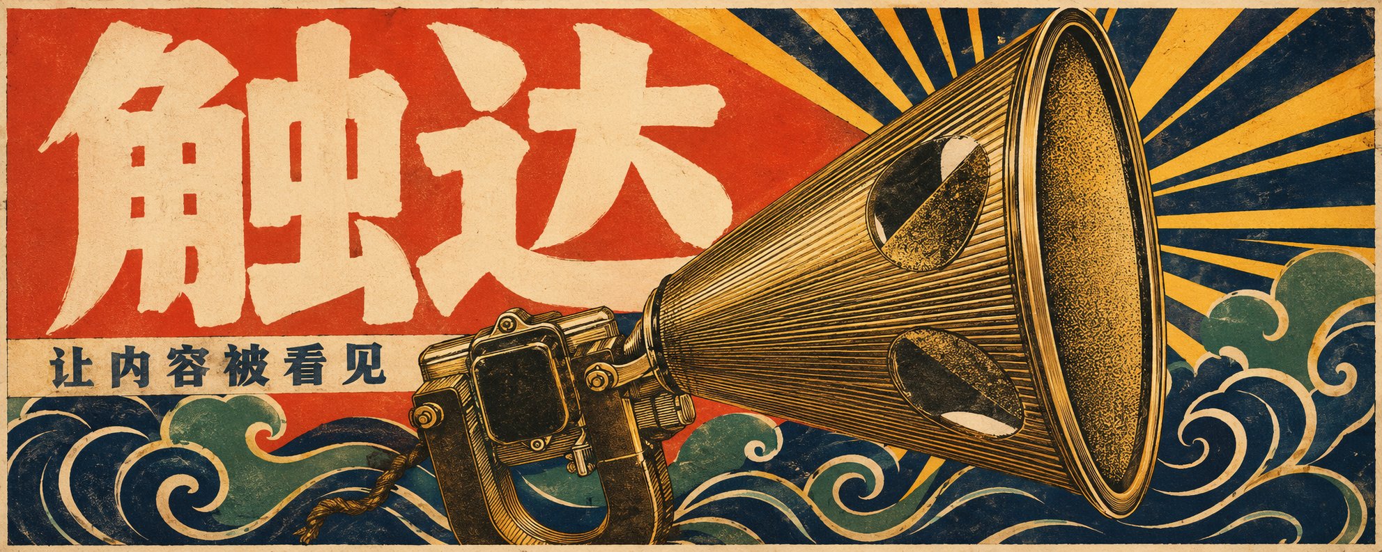 内容触达海报,红橙背景和海浪纹样中,一只老式黄铜扩音器朝右,标题写着“触达”