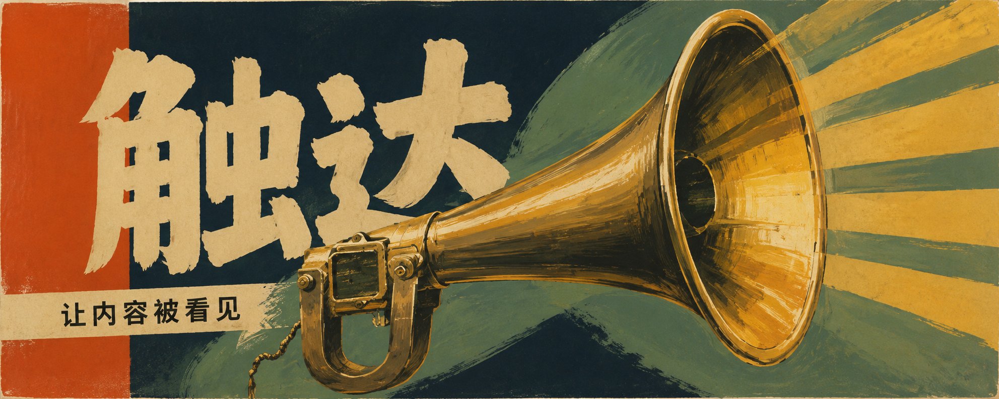 内容触达海报,深蓝与绿色背景中,一只金色黄铜扩音器向右扩散,配“触达”和“让内容被看见”字样