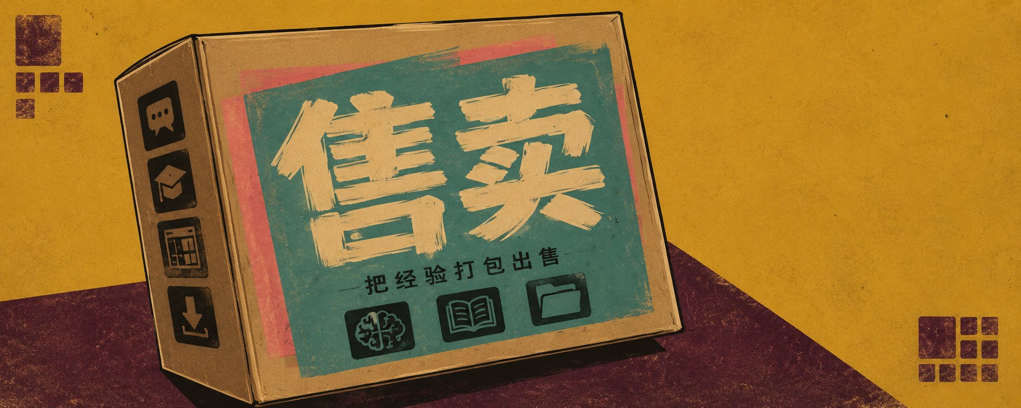 数字产品售卖海报,打开的复古纸盒正面写着“售卖”和“把经验打包出售”,下方配脑图、书本和文件夹图标