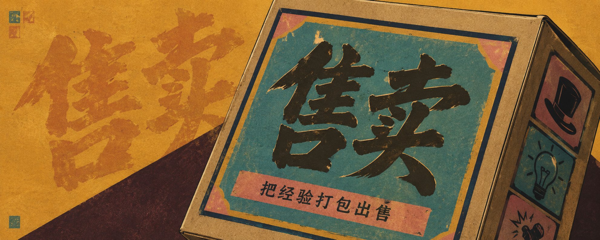 数字产品售卖海报,复古纸盒以绿色标签写着“售卖”,盒侧排列聊天、课程、计算器和下载图标