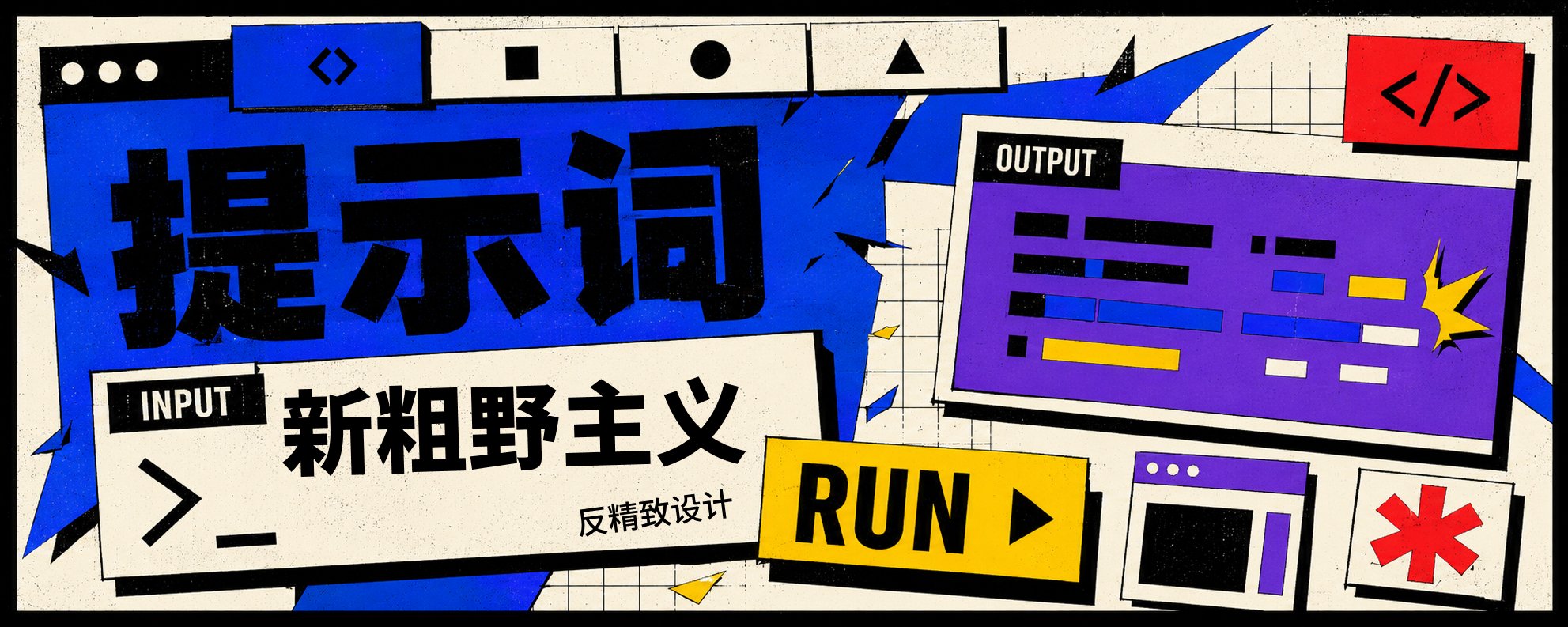 蓝色与米白色粗野主义网页视觉拼贴，包含中文新粗野主义标题、输入输出代码面板与黄色 RUN 按钮