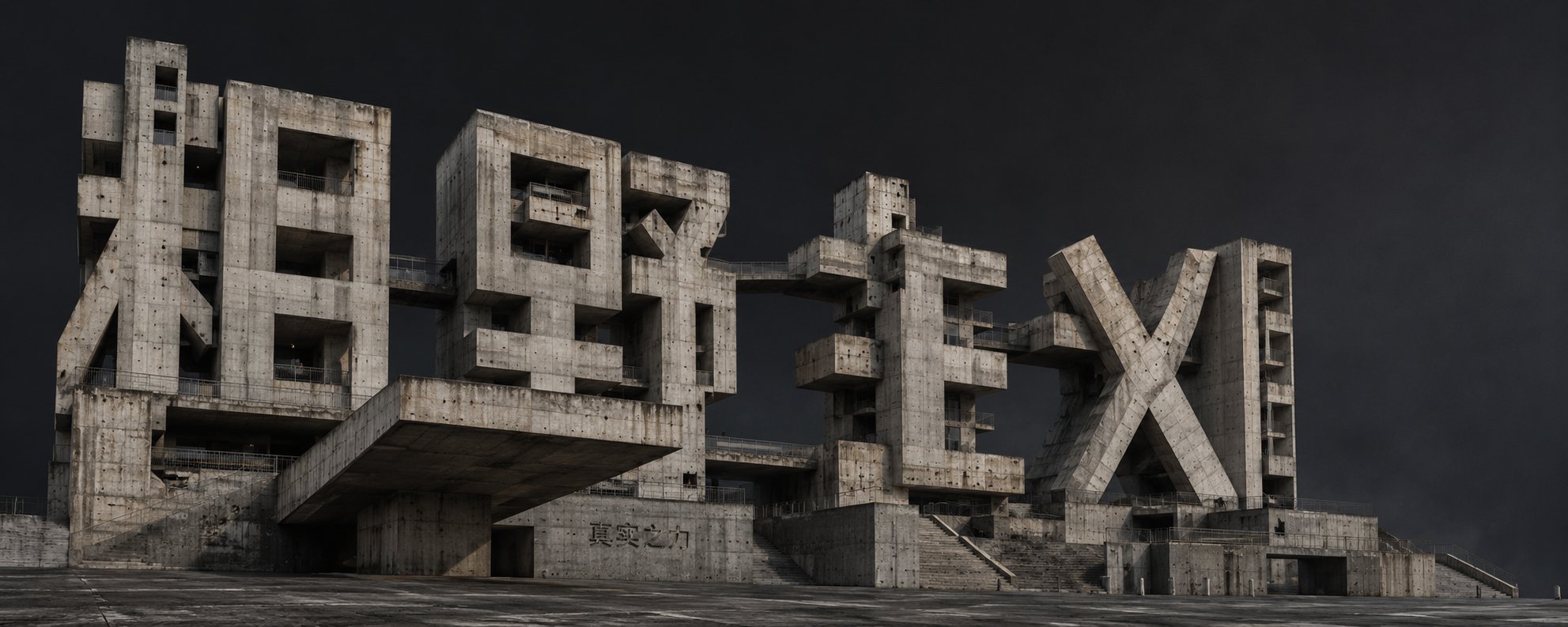 新粗野主义实践案例,深灰混凝土模块建筑在黑色背景前堆叠,中央带巨大交叉体块和“真实之力”字样