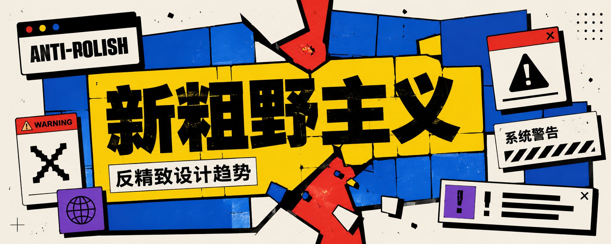 新粗野主义文章封面,黄色与蓝色块叠加“新粗野主义”标题、警告窗口和 Anti-Polish 标签