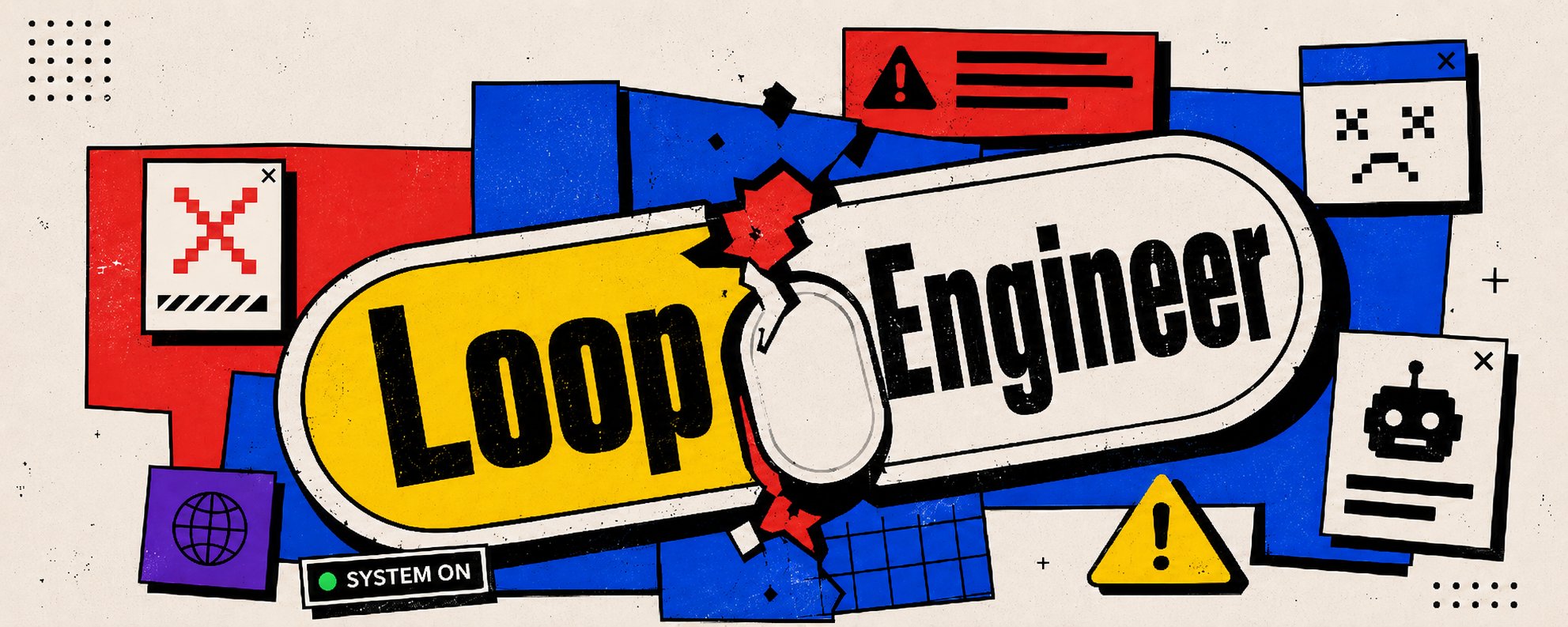 Loop Engineer 自动化封面,黄色与白色胶囊形按钮中放置鼠标图形,周围有警告窗口和系统状态标签